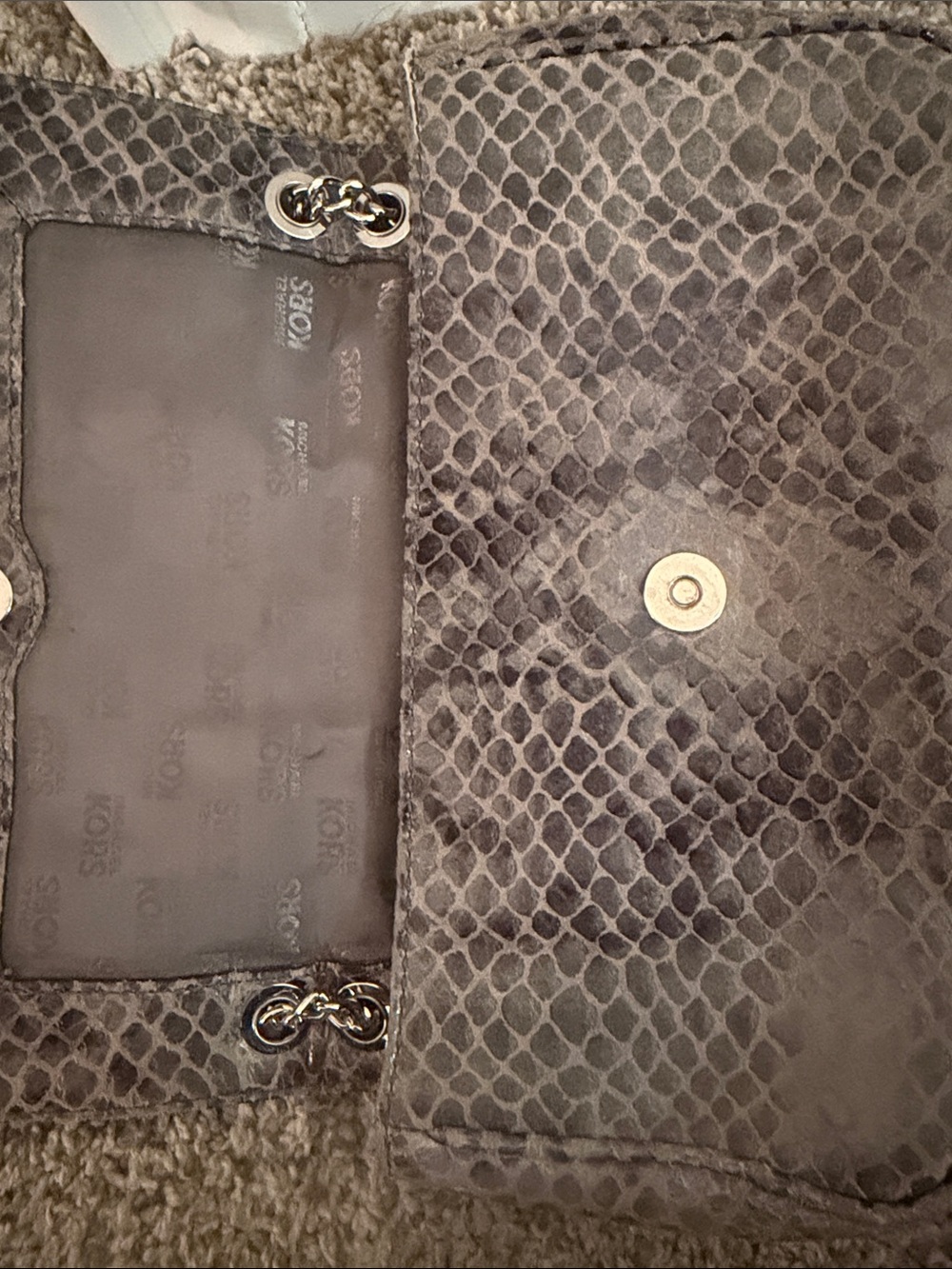 Michael Kors Gray Snake-Embossed Chain Shoulder Bag with MK Medallion - Picture 5 of 6